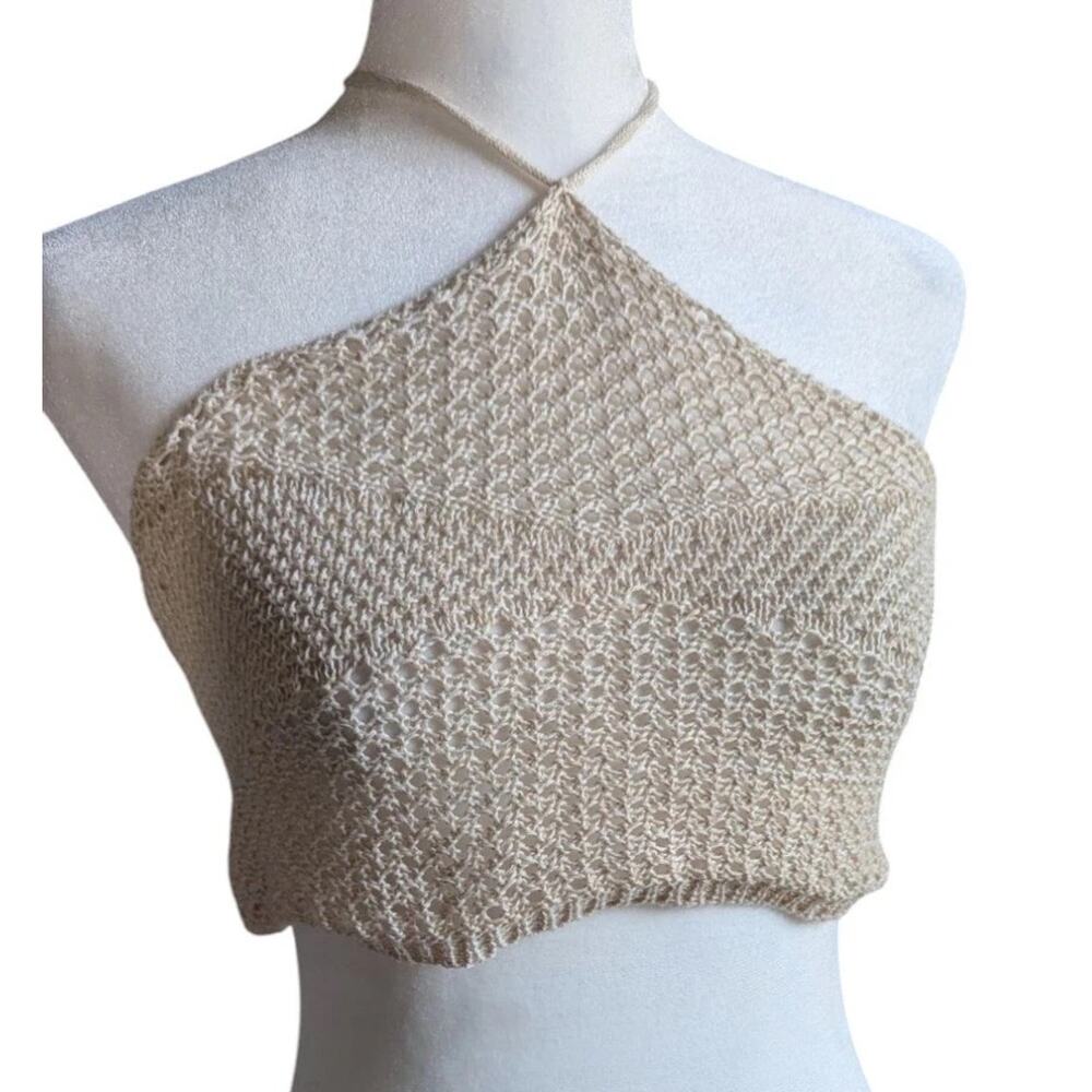 Vtg Crochet Halter Crop Top Beige Tan Women M Strappy Tie Back Boho Hippy Y2k